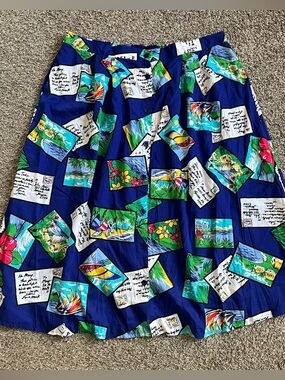 Vintage Postcard Novelty Print A-Line Midi Skirt Tropical Vacation Women's Plus